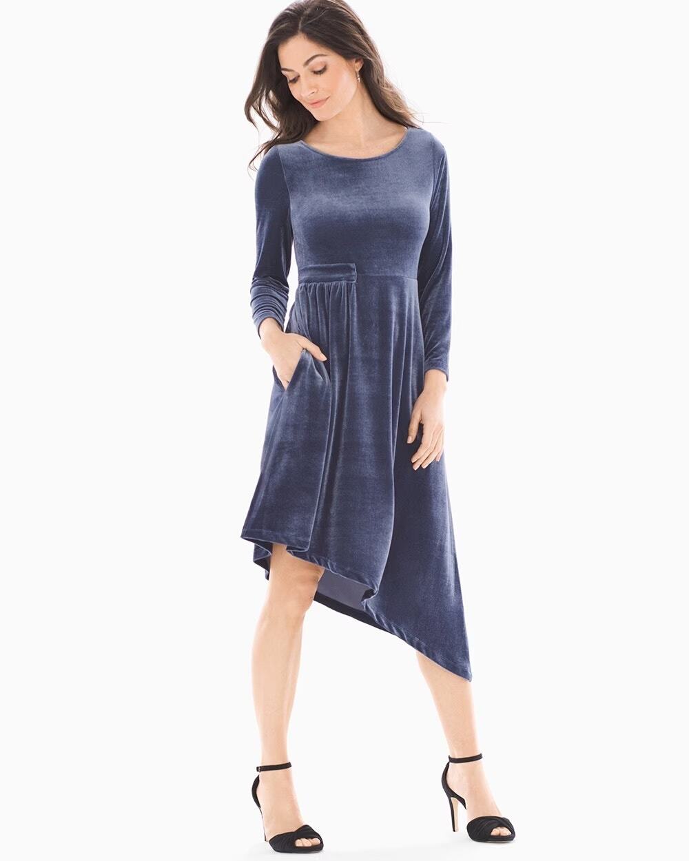 SOMA Asymmetrical Hem Velvet Dress 3/4 Sleeve Round Neck Blue - Extra Large